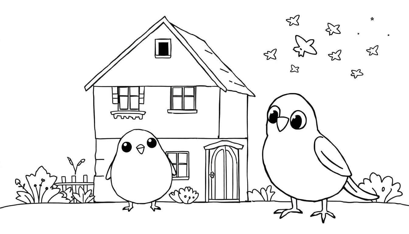 Deux oiseaux devant une maison avec des étoiles et des étincelles dans le ciel.