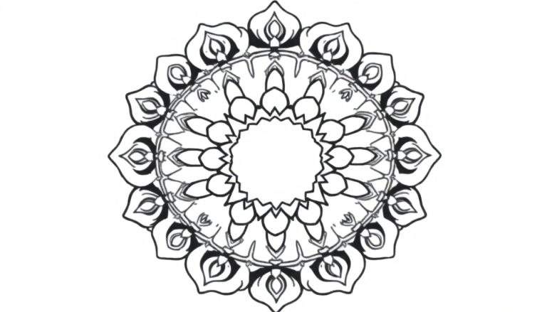 Un dessin complexe en noir et blanc ressemblant à un mandala, avec des motifs circulaires et des couches de formes stylisées, parfait pour un color panel.