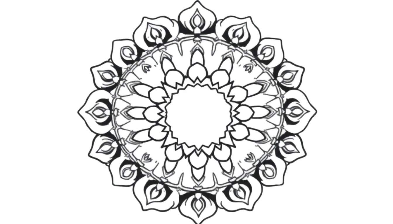 Un dessin complexe en noir et blanc ressemblant à un mandala, avec des motifs circulaires et des couches de formes stylisées, parfait pour un color panel.