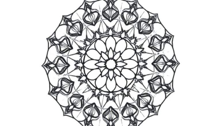 Un mandala complexe en noir et blanc avec des motifs floraux et géométriques, parfait pour colorier avec un color panel.