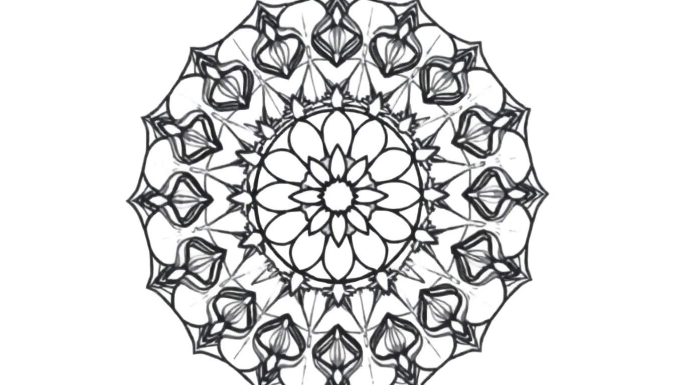 Un mandala complexe en noir et blanc avec des motifs floraux et géométriques, parfait pour colorier avec un color panel.
