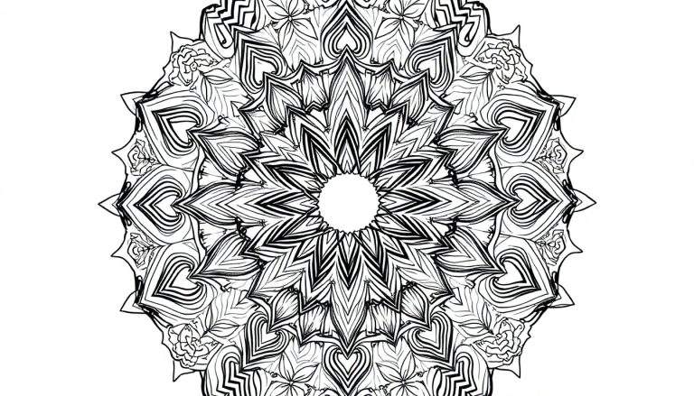 Mandala complexe avec des motifs floraux et géométriques sur fond blanc, parfait pour un color panel.