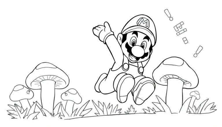 Dessin au trait de Mario sautant avec des points d'exclamation et des blocs, dans un style color panel.