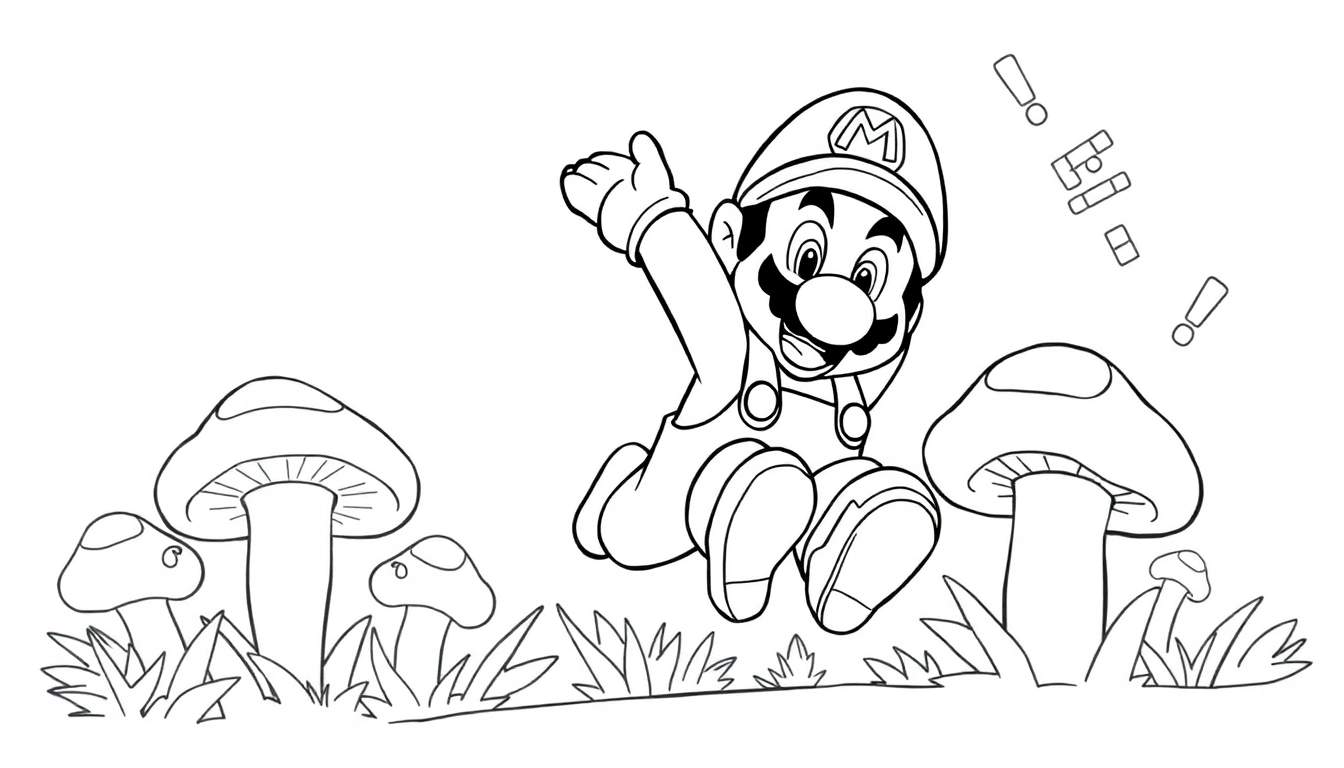 Dessin au trait de Mario sautant avec des points d'exclamation et des blocs, dans un style color panel.