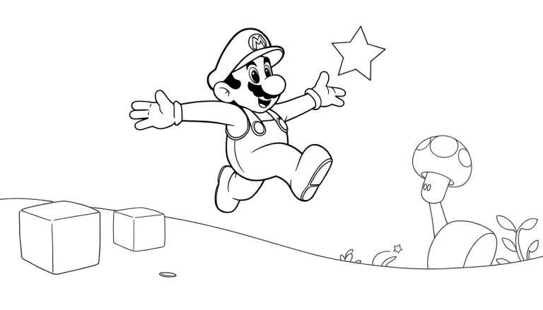 Dessin au trait de Mario sautant vers une étoile dans le Royaume Champignon, avec des blocs et un champignon en arrière-plan. Parfait pour un color panel.