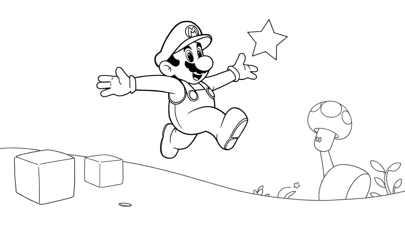 Dessin au trait de Mario sautant vers une étoile dans le Royaume Champignon, avec des blocs et un champignon en arrière-plan. Parfait pour un color panel.