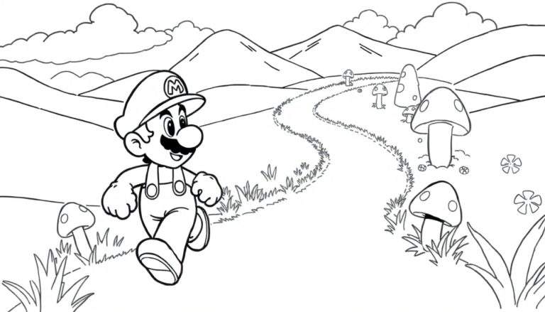 Un dessin au trait de Mario courant sur un chemin sinueux, avec de l'herbe, des champignons, des montagnes et des nuages en arrière-plan, prêt à être colorié.