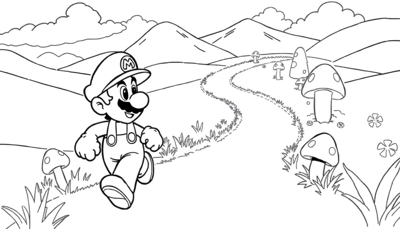 Un dessin au trait de Mario courant sur un chemin sinueux, avec de l'herbe, des champignons, des montagnes et des nuages en arrière-plan, prêt à être colorié.
