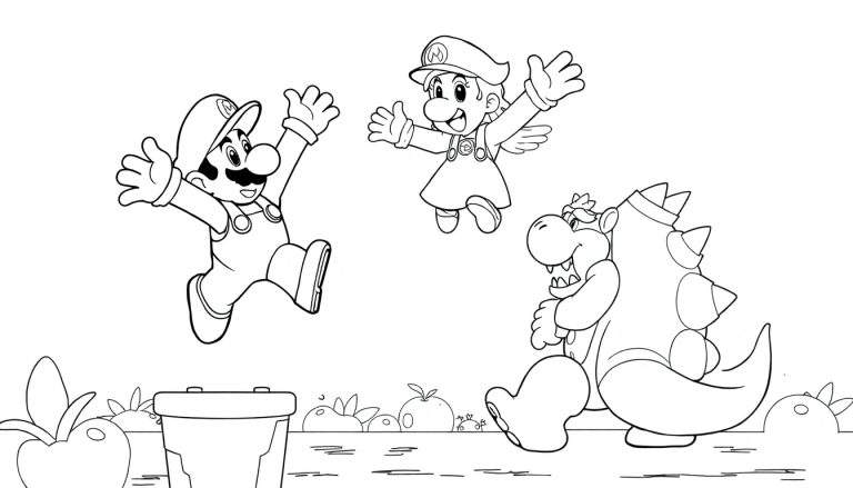 Dessin au trait de Mario, Peach et Bowser dans un paysage de jeu vidéo. Mario saute, Peach flotte, Bowser sourit. Un color panel.