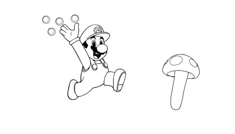 Mario saute pour attraper des pièces, un champignon est à proximité, sur un color panel.
