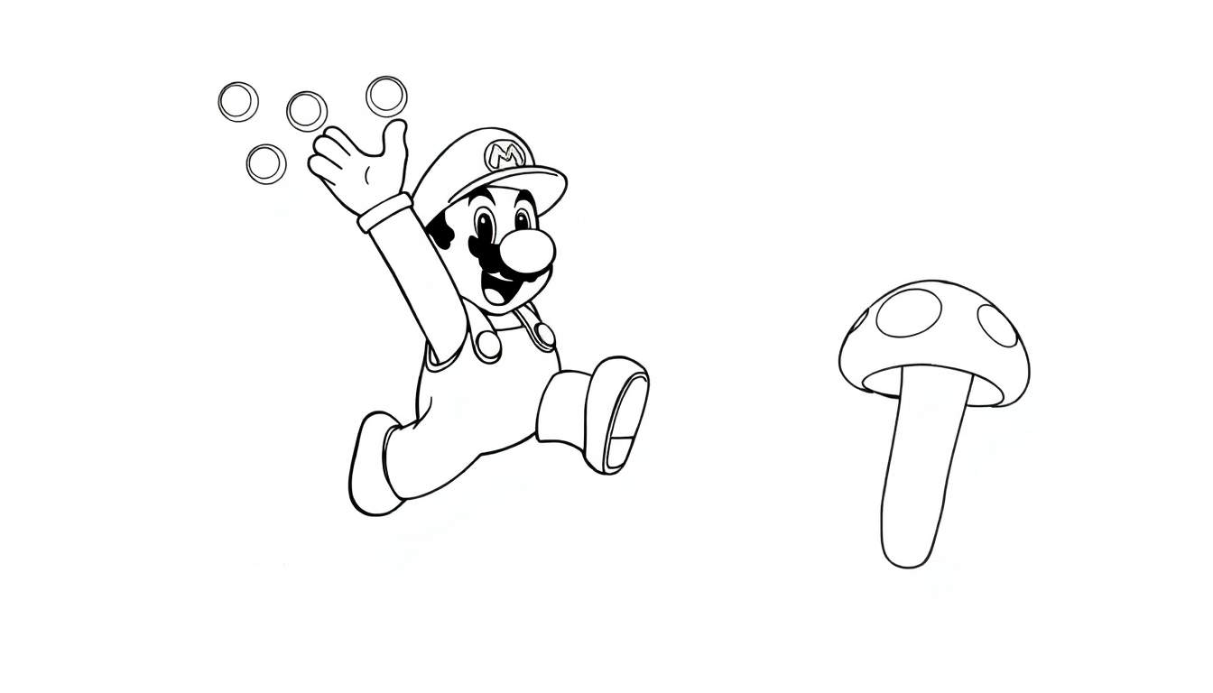 Mario saute pour attraper des pièces, un champignon est à proximité, sur un color panel.