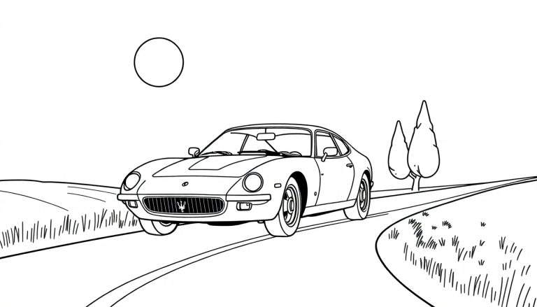 Illustration en noir et blanc d'une Maserati Ghibli de première génération sur une route sinueuse avec un soleil stylisé, un color panel.