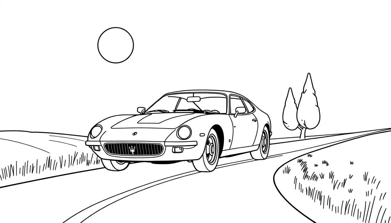 Illustration en noir et blanc d'une Maserati Ghibli de première génération sur une route sinueuse avec un soleil stylisé, un color panel.