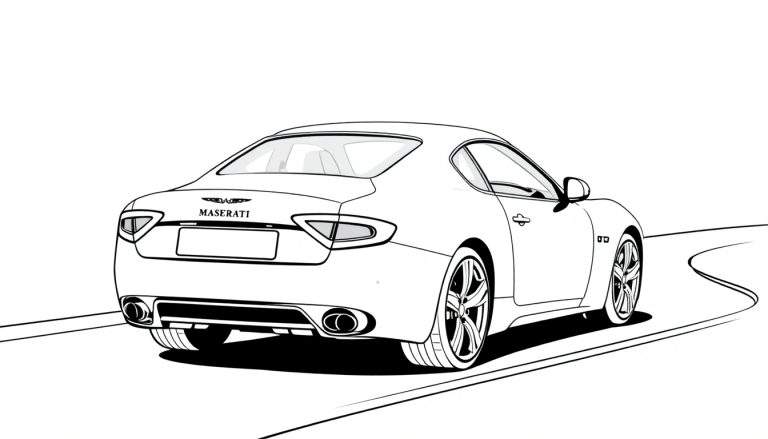 Voiture Maserati de style dessin au trait, vue de l'arrière, prête à être coloriée.