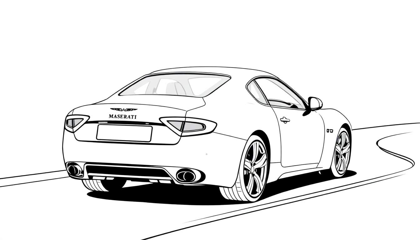 Voiture Maserati de style dessin au trait, vue de l'arrière, prête à être coloriée.