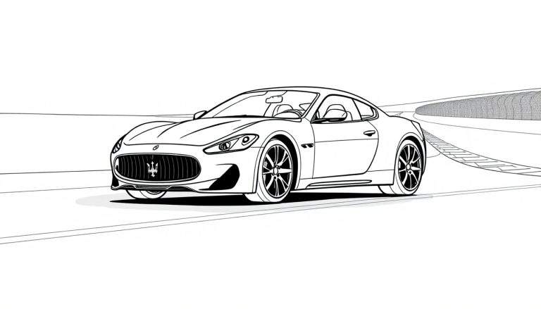Dessin au trait d'une Maserati GranTurismo sur une piste de course, prête pour une coloration.
