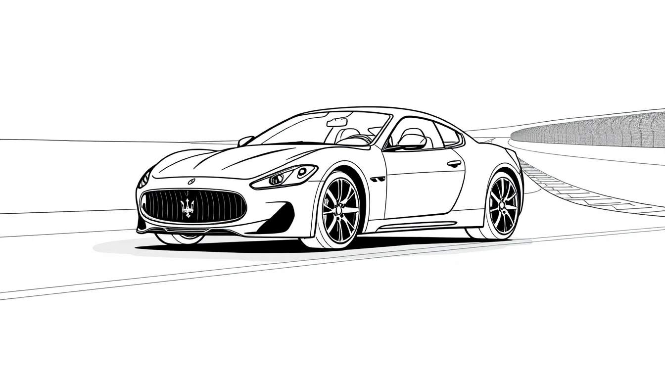 Dessin au trait d'une Maserati GranTurismo sur une piste de course, prête pour une coloration.