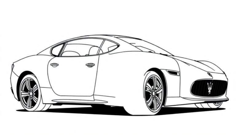 Illustration en noir et blanc d'une voiture Maserati sportive, prête à être coloriée.