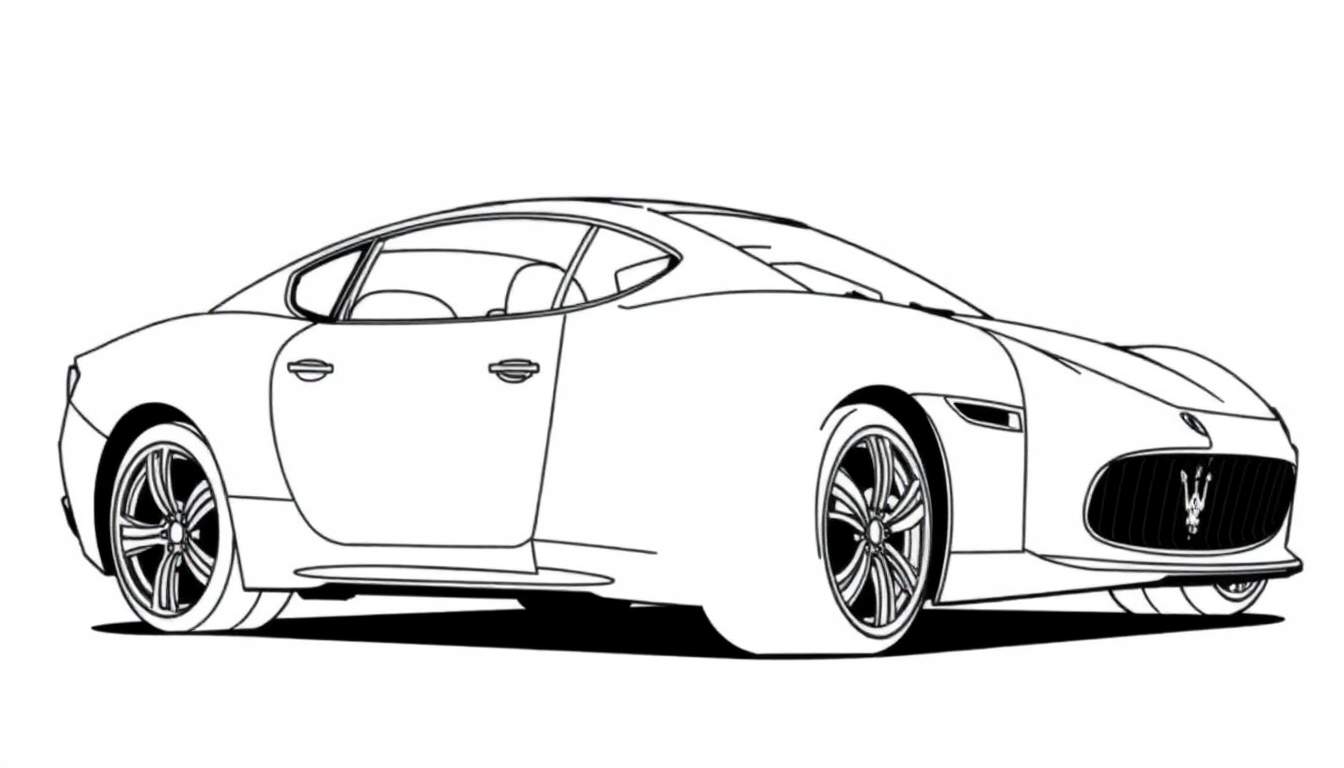 Illustration en noir et blanc d'une voiture Maserati sportive, prête à être coloriée.