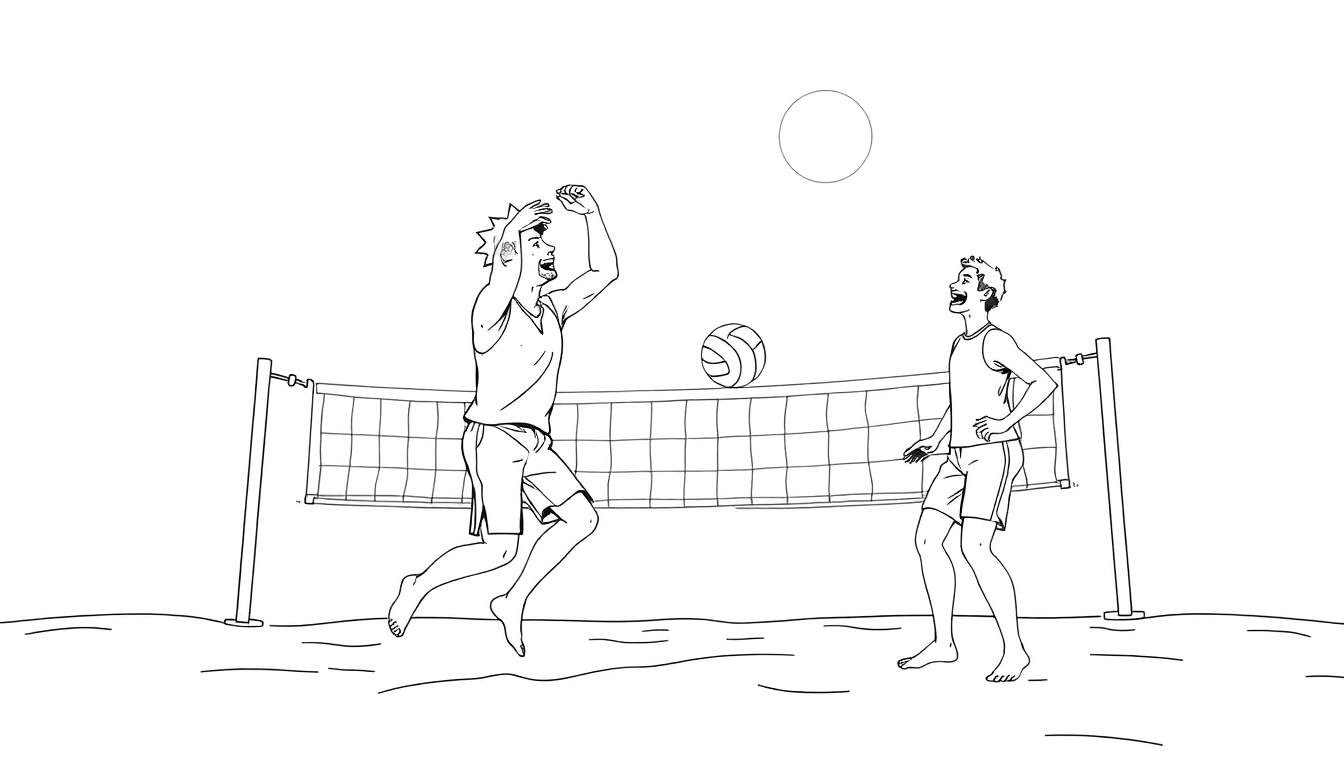 Dessin au trait d'une plage avec deux joueurs de beach-volley, un prêt à frapper la balle, l'autre attendant, avec un filet et une balle.