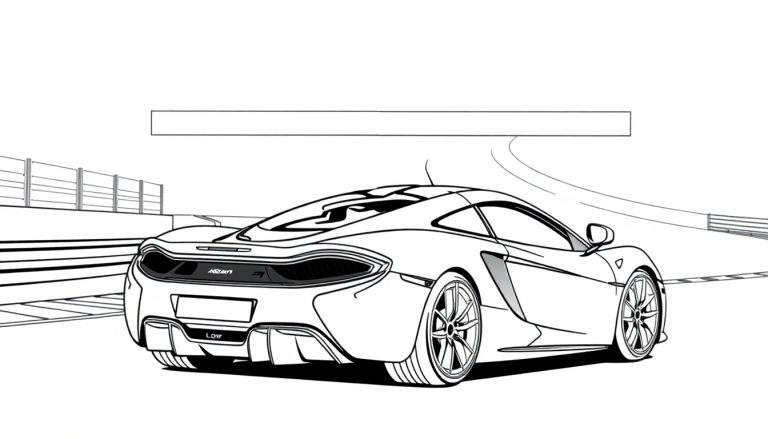 Voiture de sport McLaren dessinée en noir et blanc, vue de l'arrière sur une piste, avec un espace pour un color panel.
