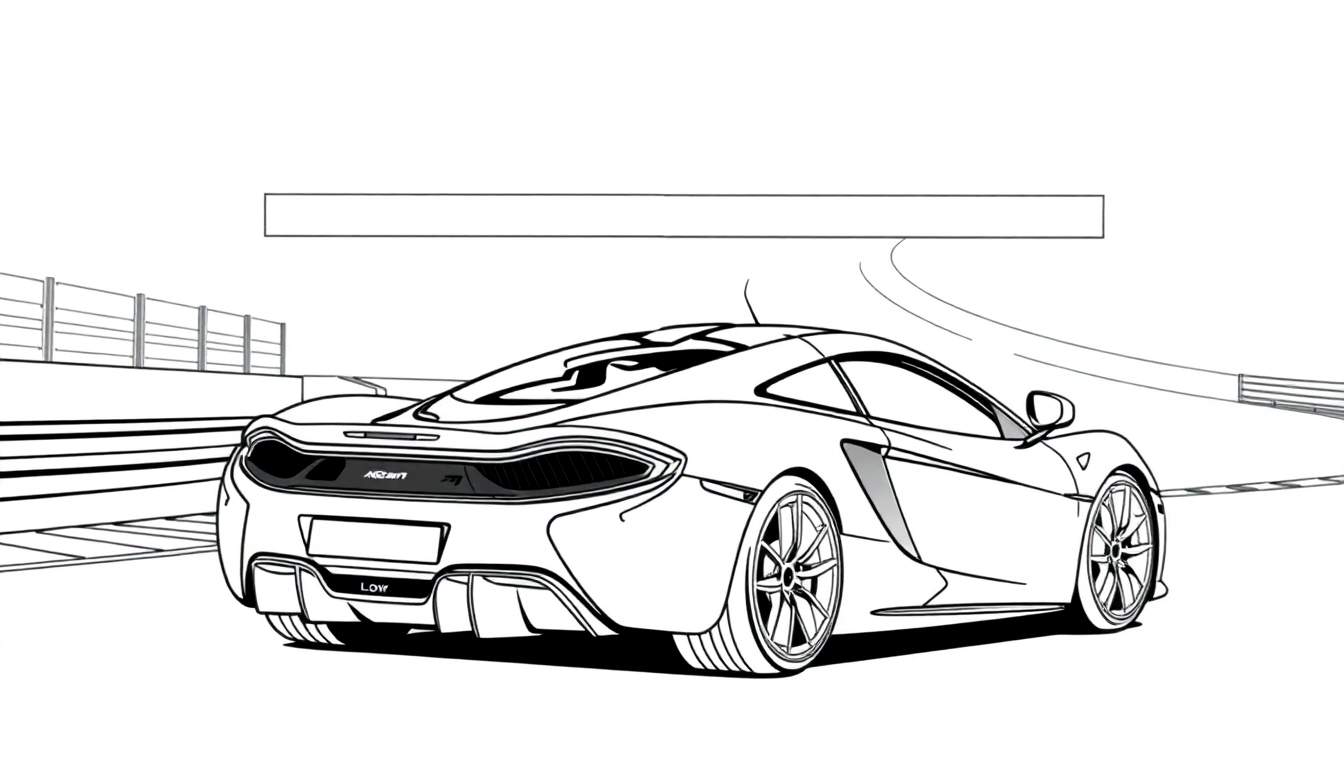 Voiture de sport McLaren dessinée en noir et blanc, vue de l'arrière sur une piste, avec un espace pour un color panel.