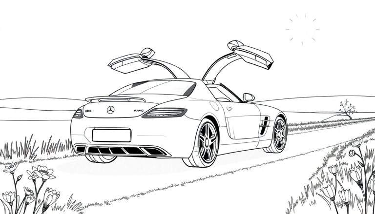 Dessin au trait d'une Mercedes-Benz SLS AMG avec ses portes papillon ouvertes, garée sur une route de campagne pittoresque avec un soleil dans le ciel. Idéal pour un color panel.