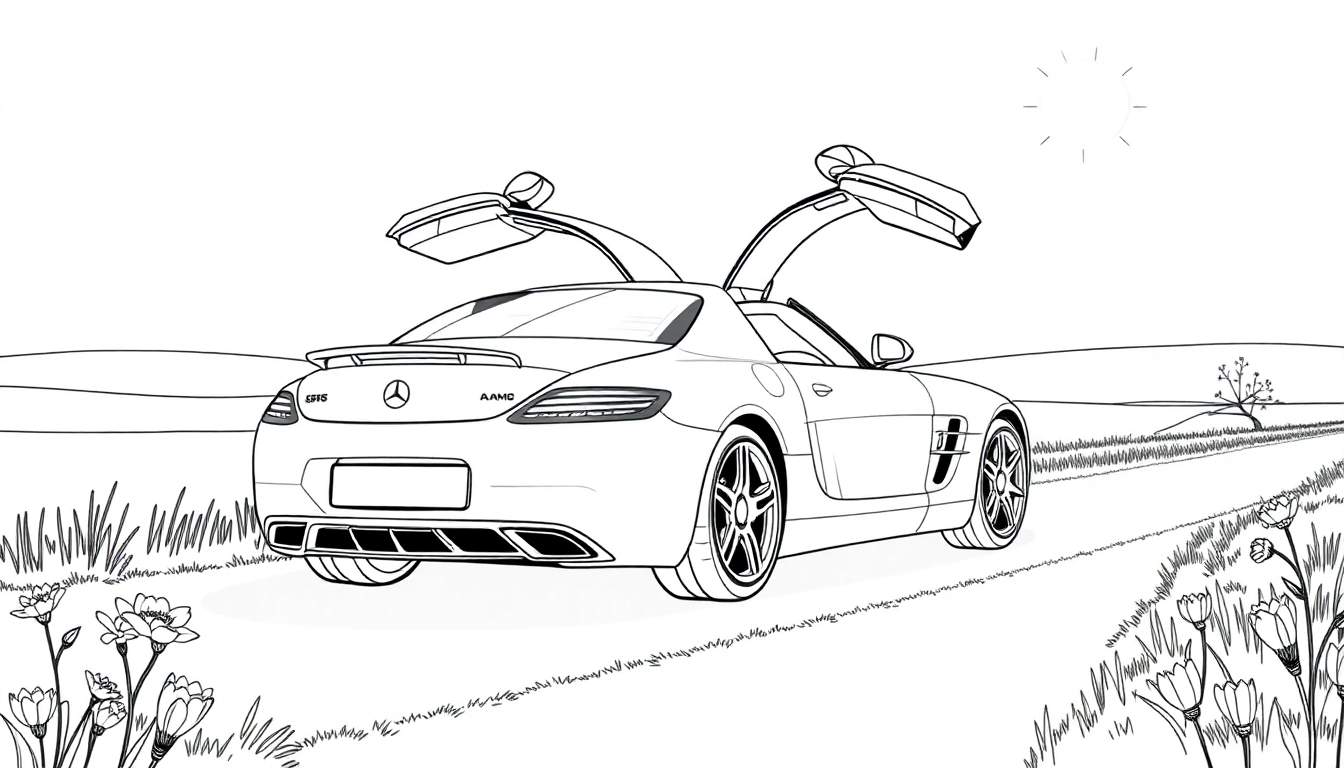 Dessin au trait d'une Mercedes-Benz SLS AMG avec ses portes papillon ouvertes, garée sur une route de campagne pittoresque avec un soleil dans le ciel. Idéal pour un color panel.
