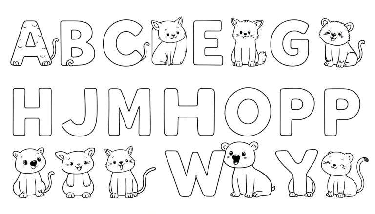 Alphabet color panel with letters A-Z and animal illustrations.