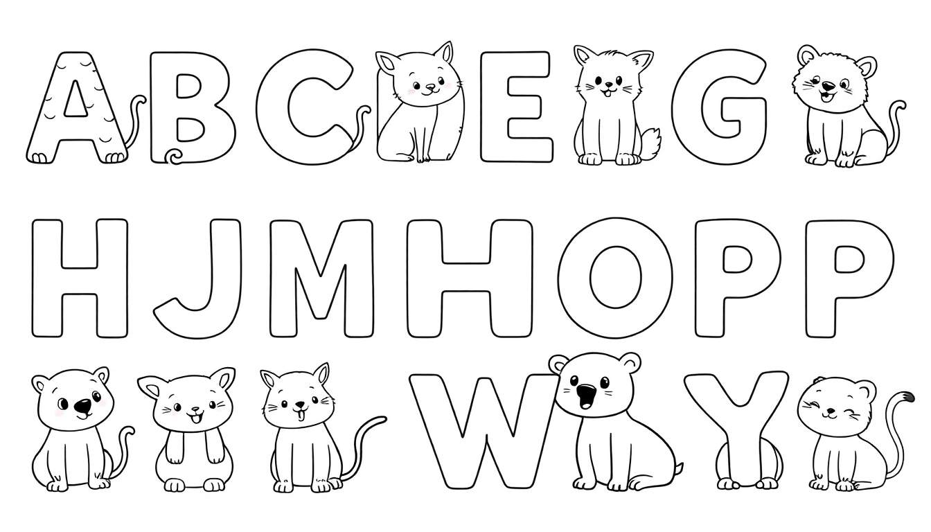 Alphabet color panel with letters A-Z and animal illustrations.