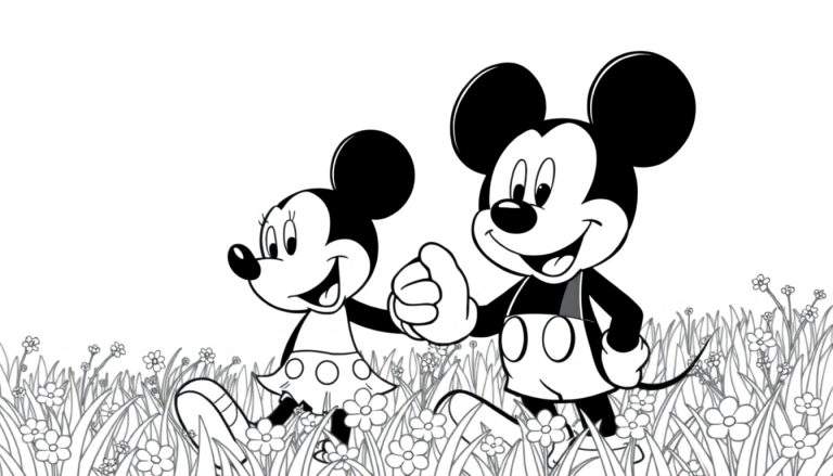 Mickey et Minnie se tenant la main dans un champ de fleurs, style dessin animé classique en noir et blanc.