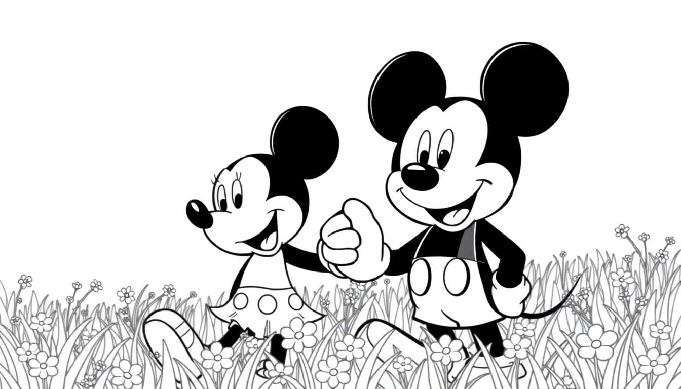 Mickey et Minnie se tenant la main dans un champ de fleurs, style dessin animé classique en noir et blanc.