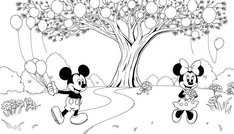 Mickey et Minnie célèbrent dans un parc avec des ballons, un grand arbre et des fleurs.