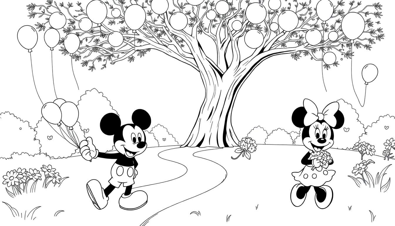 Mickey et Minnie célèbrent dans un parc avec des ballons, un grand arbre et des fleurs.