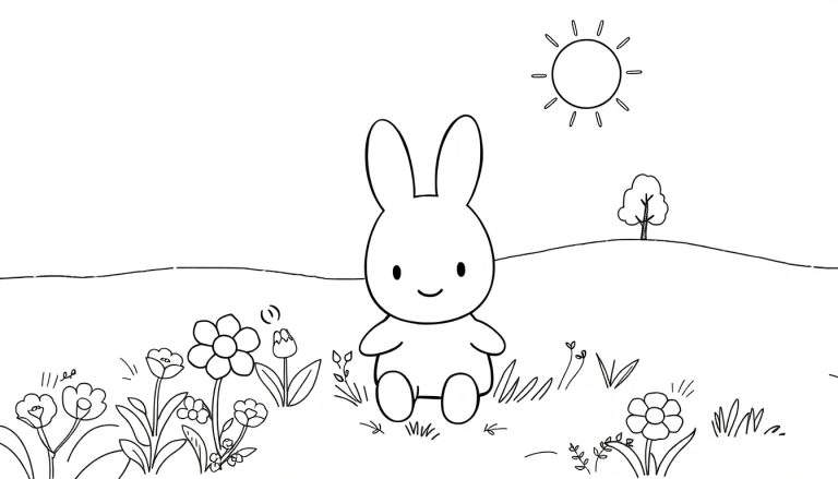 Dessin au trait d'un lapin joyeux dans un pré ensoleillé, prêt à être colorisé.