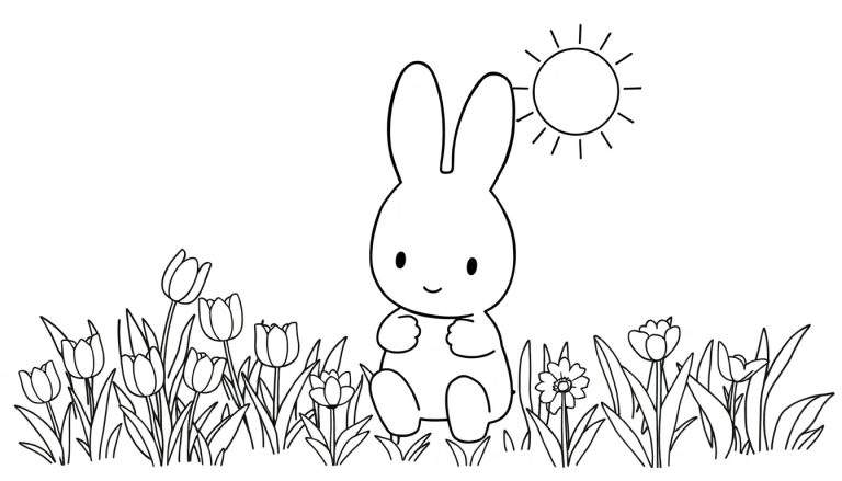 Dessin au trait d'un lapin assis dans un champ de fleurs coloré avec un soleil.
