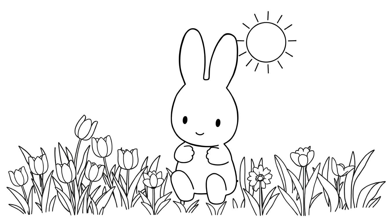 Dessin au trait d'un lapin assis dans un champ de fleurs coloré avec un soleil.