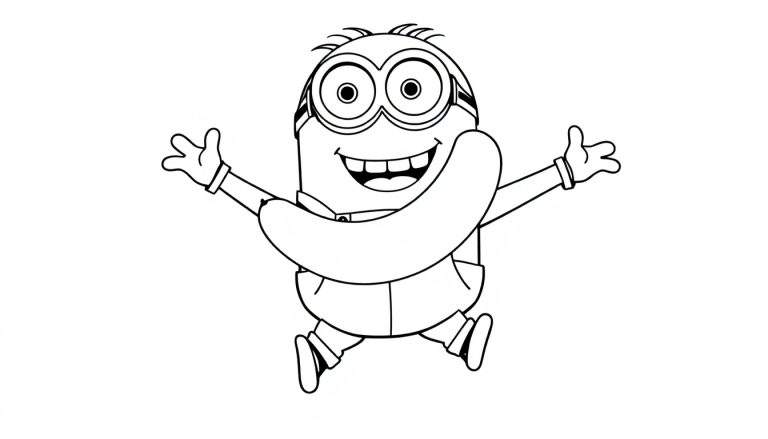 Un Minion aux cheveux clairsemés sautant avec une banane, dessin au trait