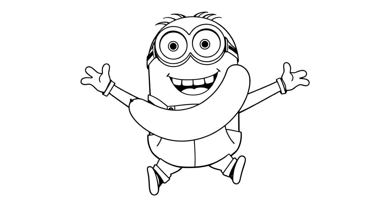 Un Minion aux cheveux clairsemés sautant avec une banane, dessin au trait