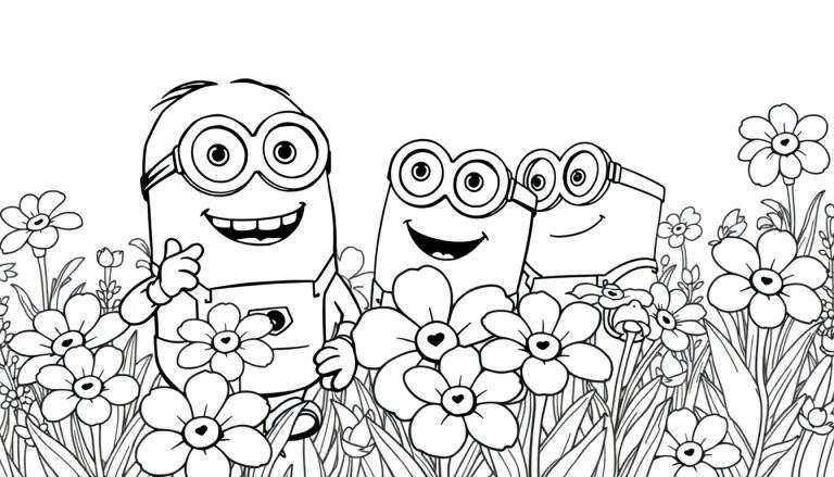 Dessin au trait de trois Minions souriants dans un champ de fleurs, type page de coloriage color panel.