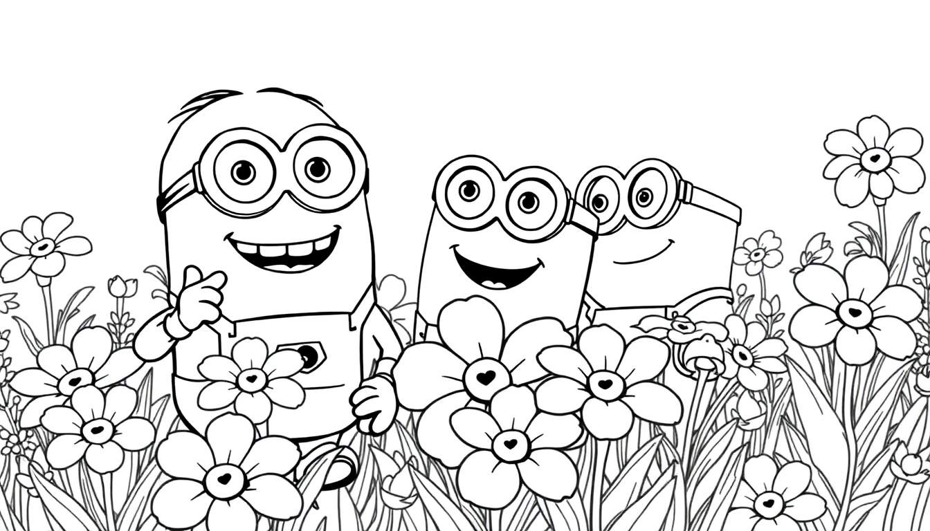 Dessin au trait de trois Minions souriants dans un champ de fleurs, type page de coloriage color panel.