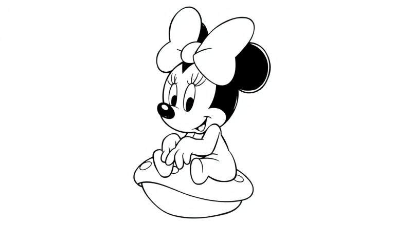 Minnie bébé avec un nœud, coloriage de Minnie bébé.