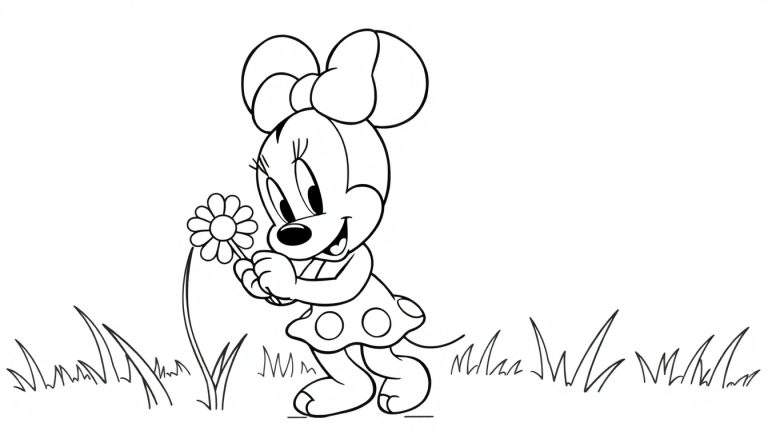 Minnie Mouse bébé en robe à pois, tenant une fleur dans un champ, sur une plaque couleur.