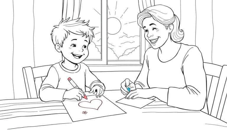 Une mère et son fils dessinent ensemble, le garçon crée un cœur et une fleur, la mère sourit.