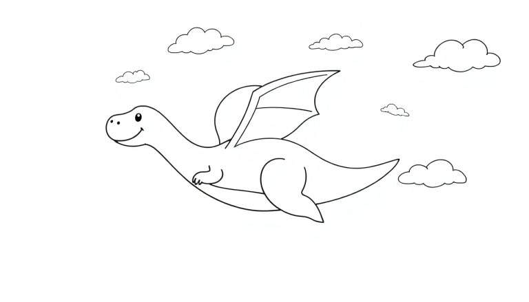 Dessin au trait d'un mignon petit dragon volant parmi des nuages.