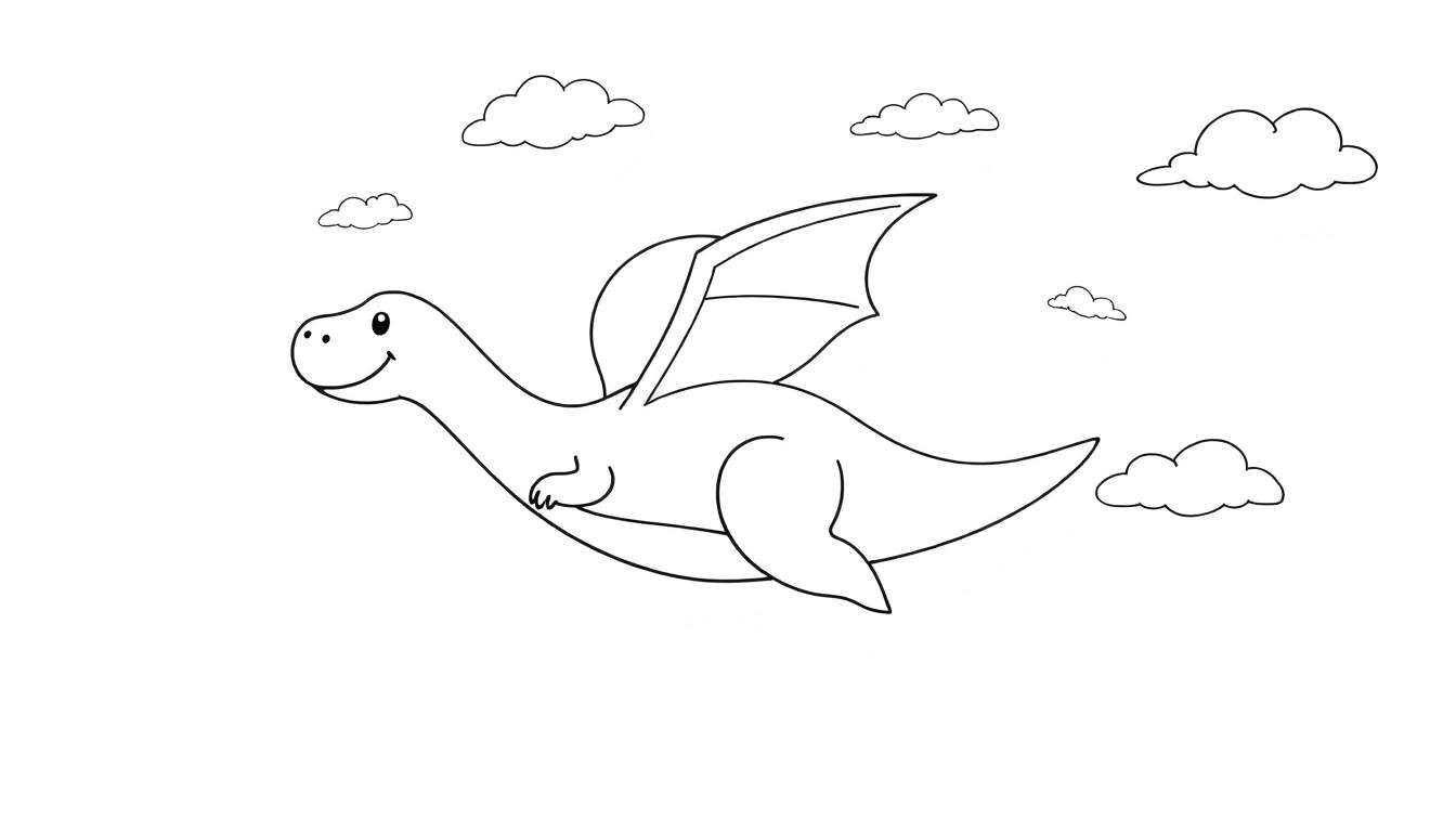 Dessin au trait d'un mignon petit dragon volant parmi des nuages.