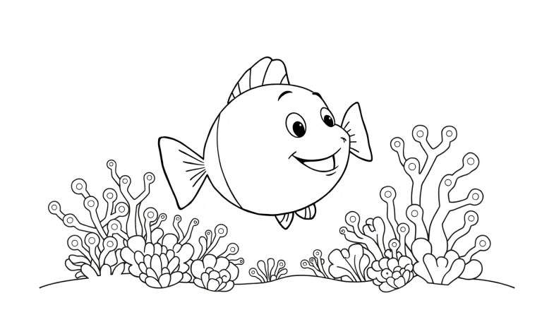 Un poisson de dessin animé souriant nageant dans un récif corallien, prêt à être colorisé.