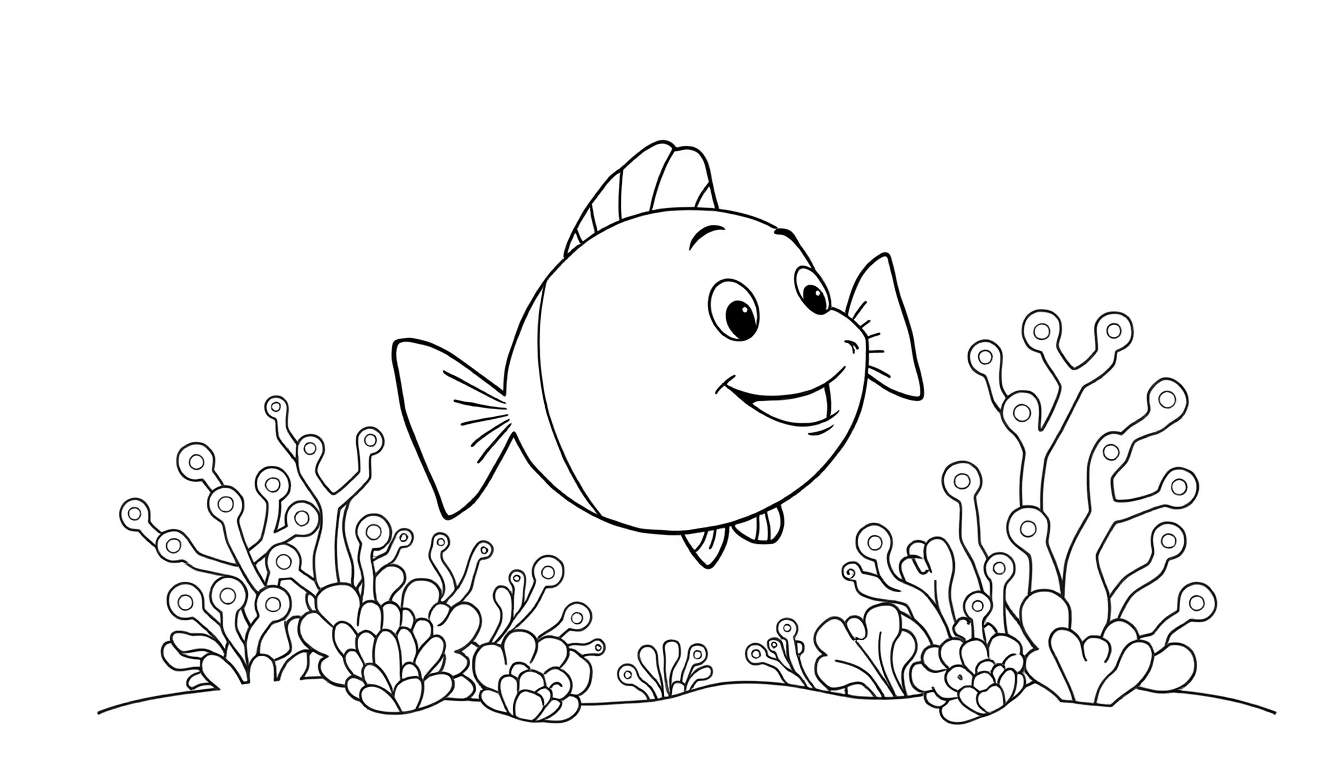 Un poisson de dessin animé souriant nageant dans un récif corallien, prêt à être colorisé.