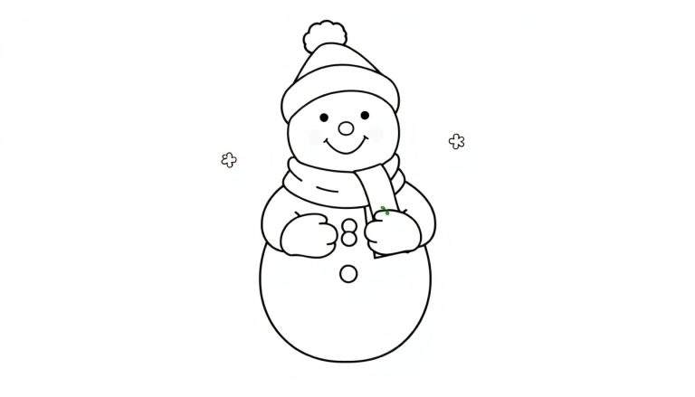 Bonhomme de neige joyeux en noir et blanc avec chapeau et écharpe, tenant une carotte et des brindilles, entouré de flocons de neige.