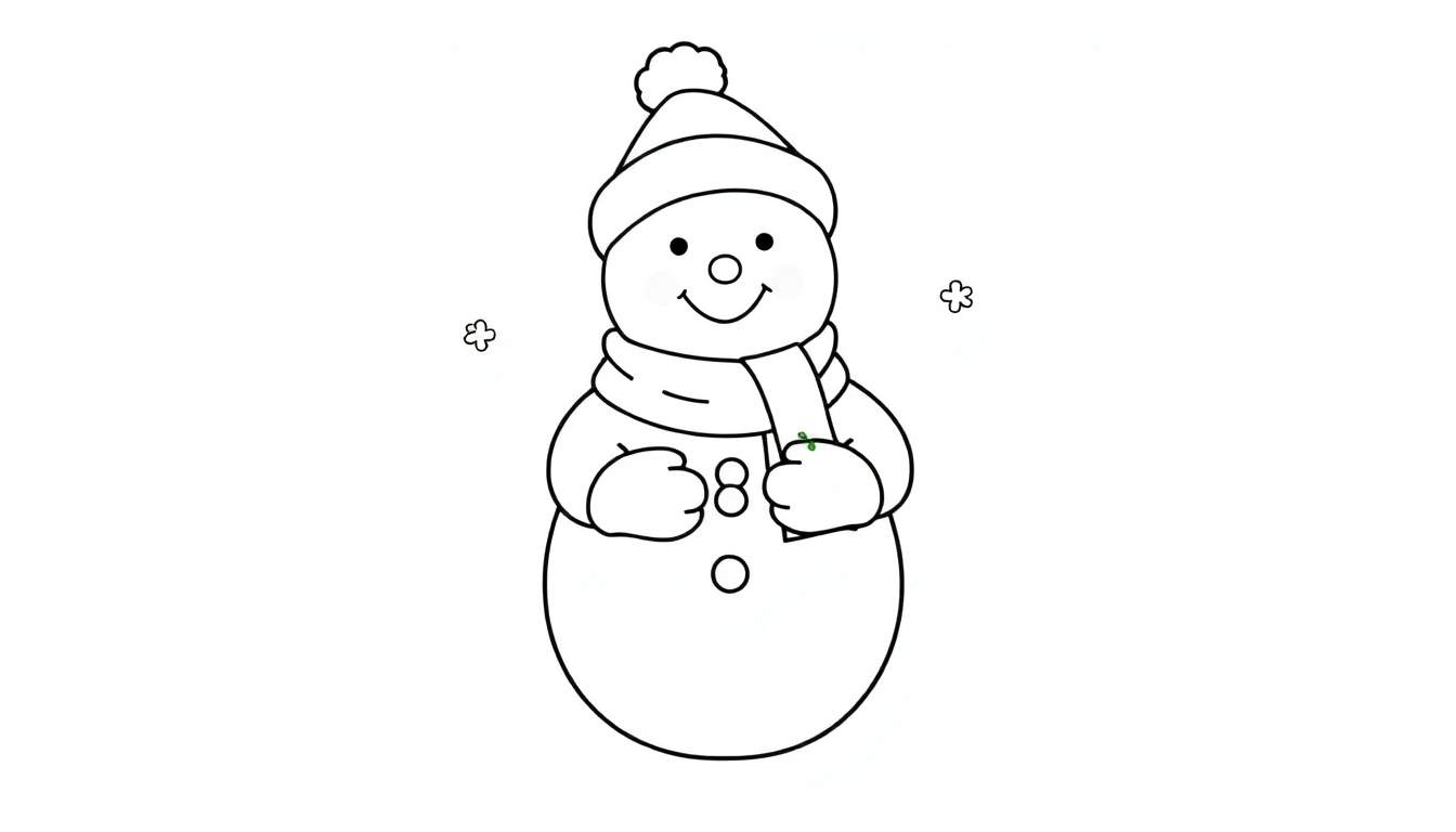 Bonhomme de neige joyeux en noir et blanc avec chapeau et écharpe, tenant une carotte et des brindilles, entouré de flocons de neige.